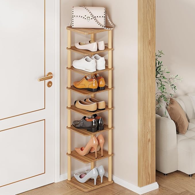 8 Tiers Vertical Shoe Rack, Tall Narrow Shoe Tower Corner Shoe Rack, Walnut | Small Shoe Organizer for Entryway, Closet, Dorm & Small Spaces, Freestanding Wooden Shoe Shelf for Boots, Sneakers, Heels.