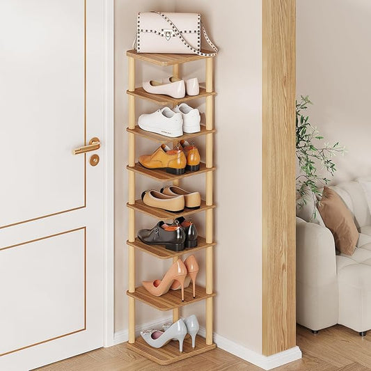 8 Tiers Vertical Shoe Rack, Tall Narrow Shoe Tower Corner Shoe Rack, Walnut | Small Shoe Organizer for Entryway, Closet, Dorm & Small Spaces, Freestanding Wooden Shoe Shelf for Boots, Sneakers, Heels.