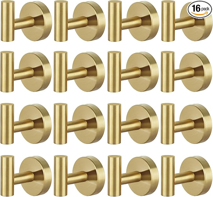 16pcs Gold BathTowel Hooks Robe Coat Bathroom Wall Hook Stainless Steel Heavy Duty Door Hanger Towel Robe Clothes Cabinet Closet Sponges for Bathroom Bedroom Kitchen Hotel Pool