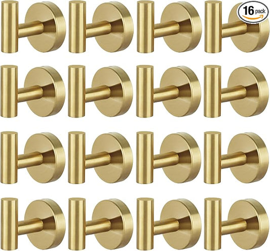 16pcs Gold BathTowel Hooks Robe Coat Bathroom Wall Hook Stainless Steel Heavy Duty Door Hanger Towel Robe Clothes Cabinet Closet Sponges for Bathroom Bedroom Kitchen Hotel Pool