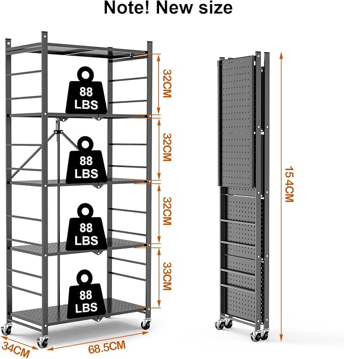 Himix 5-Tier Foldable Storage Shelves with 20 Hooks Wheels Grey Display | Folding shelving units, Metal collapsible organization, Wire shelf, No assembly, Bookshelf, Kitchen, Home rack, Holds 440 Ibs