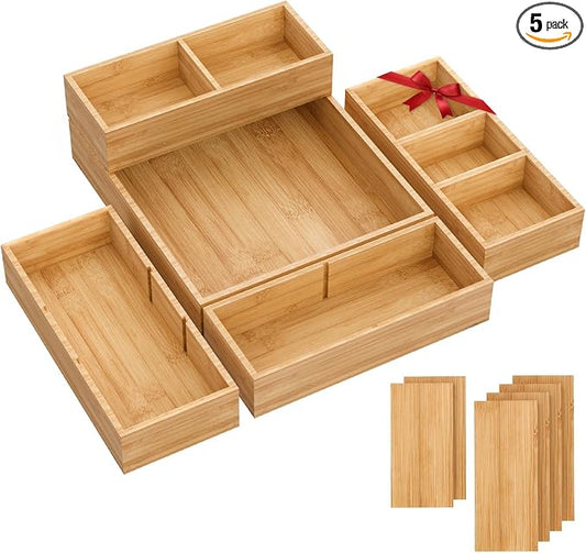 Bamboo Drawer Organizer, 5-Piece Stackable Trays with Removable Dividers | Junk drawer organizer, assorted tray sizes, 5-11 customizable compartments, nestable, kitchen utensils, bathroom, office