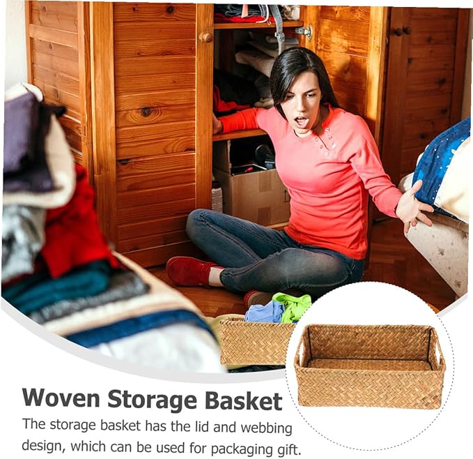 Decorative Woven Storage Basket Multipurpose Hand Woven Rectangular Holder for Vegetables Sundries Organizer Suitable for Bedroom Living Room Bathroom Office