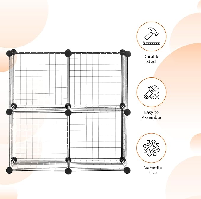 Amazon Basics 4 Cube Wire Grid Storage Organizer, Closet Organizer and Shelves, Stackable, Space-Saving, Easy to Assemble, 14"x14"x14", Black