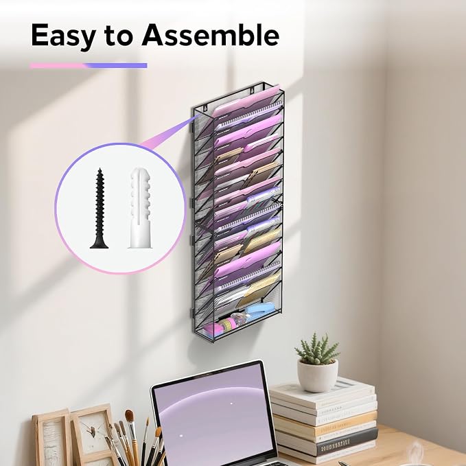 15-Tier Wall File Organizer with Base, Wall Mounted File Holder | Vertical Hanging File Organizer with Open Compartments and Label Holders for Mail, Folders and Paperwork at Home or Work