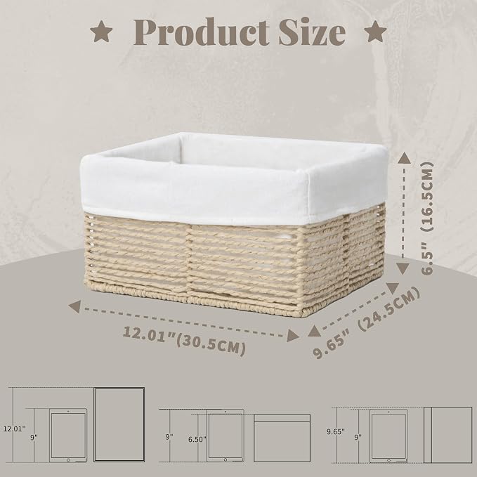 GYASVWU Hand-Woven Paper Rope Storage Baskets,Rectangular Wicker Baskets for Organizing,Decorative Woven Basket for Storage,Shelf Basket for Living Room,Storage Baskets for Pantry (Beige - Large)