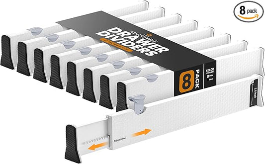 RAPTUROUS Adjustable Drawer Dividers, 2.5" Tall, Expandable 13-22", 8-Pack, Non-Slip for Dresser, Closet, Kitchen, Nursery, and Office (White)