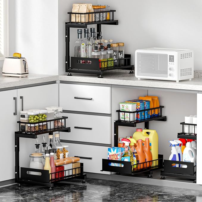 L-Shaped Under Sink Organizer, 2-Tier Pull-out Cabinet Rack 1-Pack | Black Height-Adjustable Metal Rack, Sliding Grid Drawers with Safety Stopper, Holds 100 Lbs, Ideal Kitchen Cabinet Storage