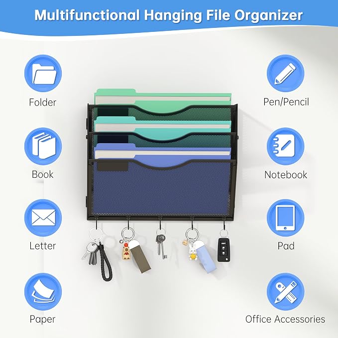 Gawerk Hanging Wall File Organizer, 3 Tier | 5 Hooks, Wall Mounted, Sturdy Mesh, For Office Home