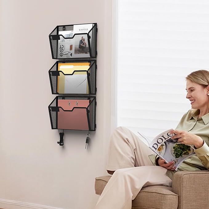YINGHUA 3 Pack Wall Mounted Mesh File Folder Organizer with Hooks, Black | 12.6" durable metal hanging baskets. Perfect vertical storage for mail, magazines and papers in office, home or school.