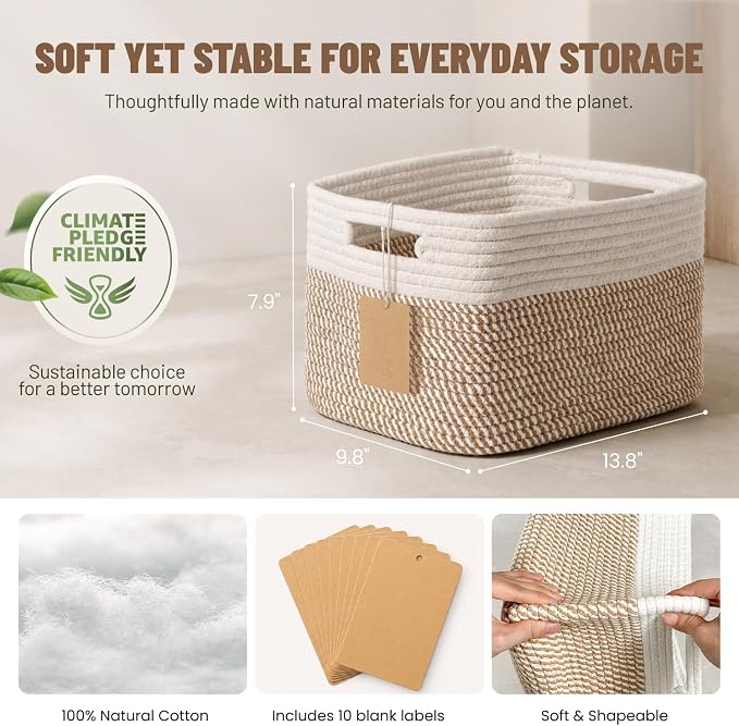 5 Pack Woven Storage Baskets for Shelves, Decorative Basket Organizer Storage Bins for Toys, Books, Clothes, Closet, Nursery, Bathroom – Cotton Rope Shelf Baskets for Organizing, Khaki & White