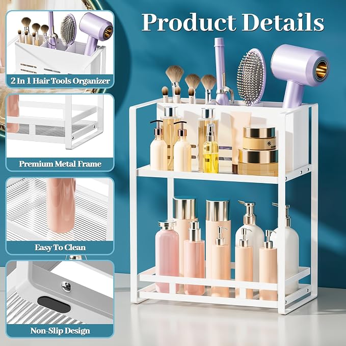 Bathroom Counter Organizer, Metal Vanity Shelf with Hair Dryer Holder | 2 Tier Hair Tool Organizer, Large Capacity Space-Saving, For Perfume, Skincare & Makeup Storage