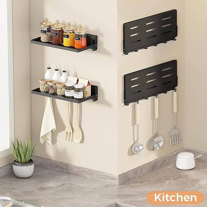 Small Folding Metal Shelf with Hooks, Fold-up Wall Shelf, 6 Hooks, Drop Down Floating Shelf for Laundry Room, Kitchen, RV, Toilet Room, Garage, Utility, Black（11.8", 1 Pack）