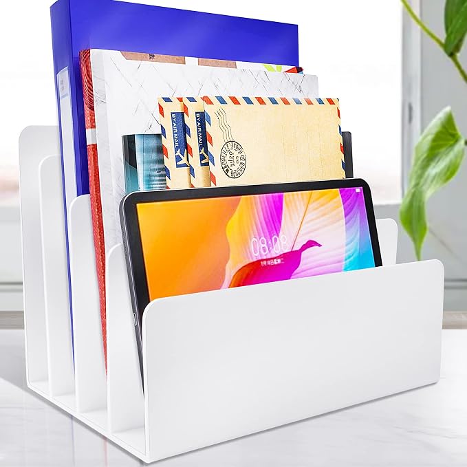 White Acrylic File Organizer - 4 Sections Desk Holder Sorter for Office Supplies, Electronics, Notebooks and Mail