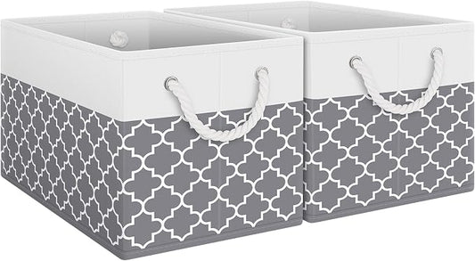 Fab totes Storage Bins 2-Pack, Foldable Storage Baskets for Organizing Toys, Books, Shelves, Closet, Large Storage Box with Rope Handles, Sturdy Organizer Bins,Clover Grey