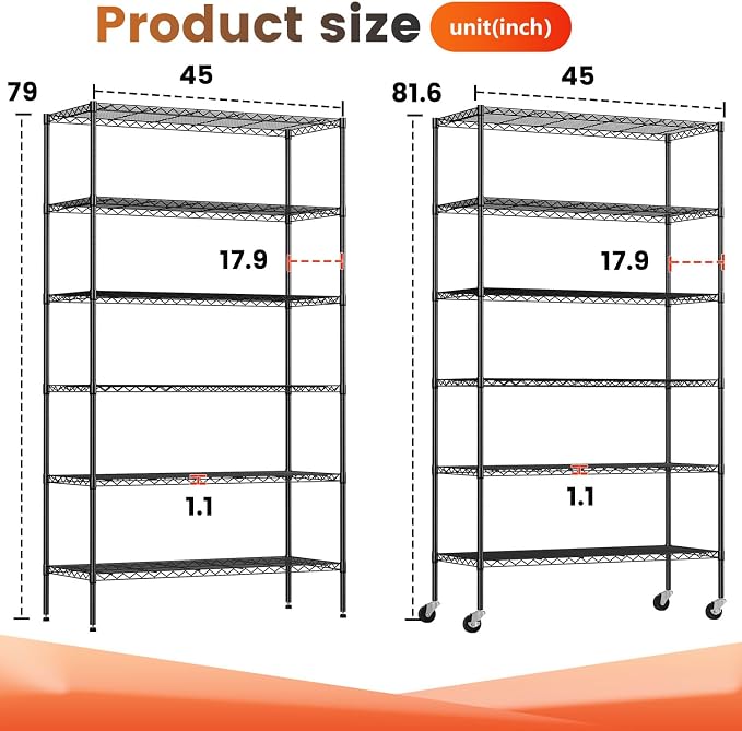 BestOffice | 6-Tier Wire Shelf with Wheels | 45" x 18" x 82" | Black | Storage Shelves with Adjustable Racks, Holds upto 2100 lbs | Rust-Resistant, No-Tool Assembly | For Home, Garage