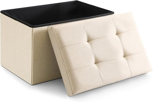 Storage Ottoman Cube Small Footrest Foldable Seat Foot Stools Square Tufted Ottoman Linen Beige