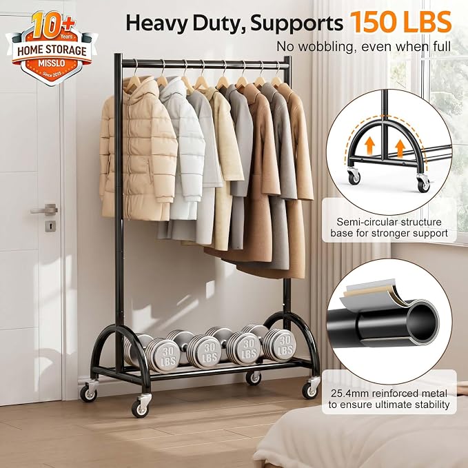 MISSLO Heavy Duty Clothing Rack with Wheels Rolling Clothes Racks for Hanging Clothes, Coats, Garment, Dress, Black, 30" W