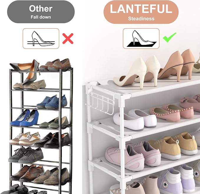 LANTEFUL 10 Tiers Shoe Rack 50 Pairs Large Capacity Tall Shoe Organizer Sturdy Shoe Storage with Two Hooks Space Saving Metal Wide Shoe Rack for Closet, Entryway, Bedroom, White