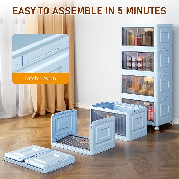 4 Tier Stackable Plastic Storage Bins with Lid and Wheels - 23 QT Closet Organizers and Storage, Foldable Storage Containers, Organization and Storage Boxes for Craft, Home, Pantry, Dorm, Blue