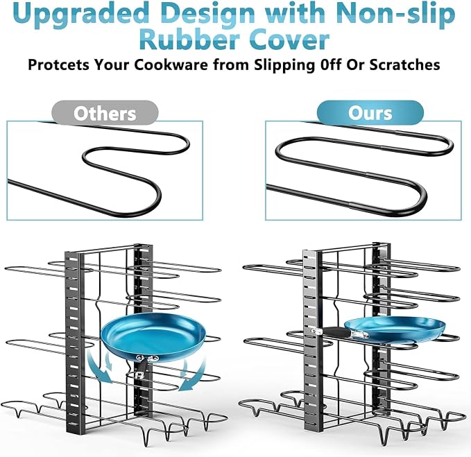 Pots and Pans Organizer Under Cabinet 16.6", 8-Tier Adjustable Rack | 3 DIY Modes, Tool-Free Assembly, Non-Slip, Fits Lightweight Cookware Up to 11", For Kitchen Cabinets, Shelves & Countertops
