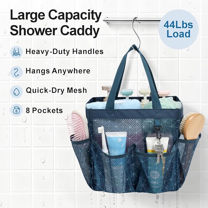 Mesh Shower Caddy Portable - 8 Pockets, S-Hook, Shower Bag for Dorm Camping | 2-Handle, Quick-Dry, Toiletry Organizer, College Dorm Room Essentials for Girls, Gym, Travel & Bathroom, Starlight Navy