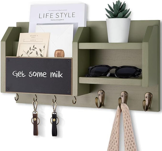 Lwenki Mail and Key Holder – Wall Mount Key Hanger with Shelf and 7 Metal Hooks – Decorative Natural Paulownia Wood Entryway Organizer with Mounting Hardware (16.5”W x 8.7”H x 3.5”D) (Sage-Green)