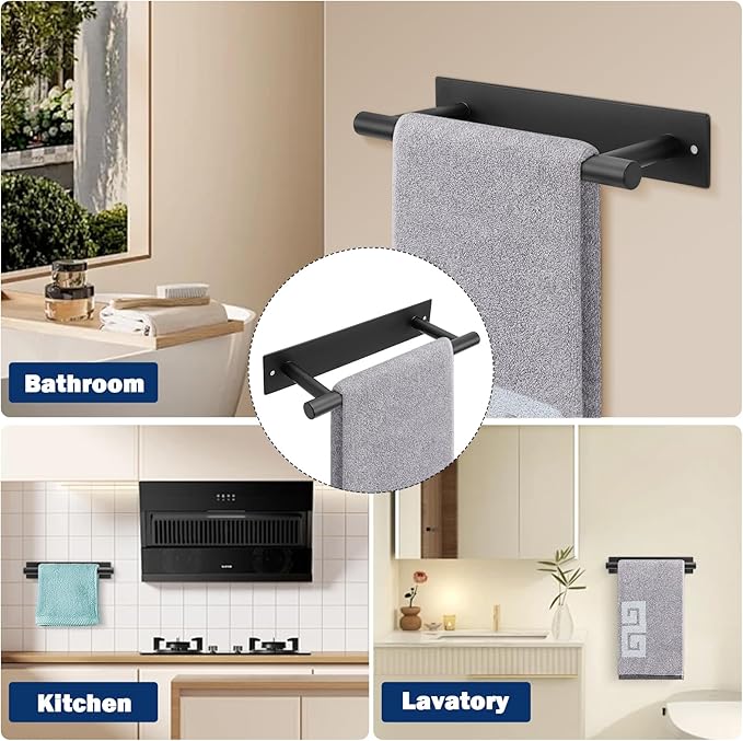 NearMoon Self Adhesive Hand Towel Holder/Towel Ring, Stainless Steel Hand Towel Bar Rustproof Stick on Wall-Towel Rack for Bathroom/Kitchen, Sticky and Wall Mounted (1, Matte Black)