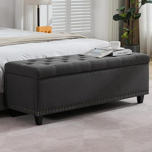 Tbfit 50.8" Ottoman With Storage, Storage Bench with Button-Tufted, End of Bed Storage Bench Safety Hinge with Rivets, Large Storage Ottoman Bench for Bedroom, Living Room, Foot of Bed, Entryway(Grey)
