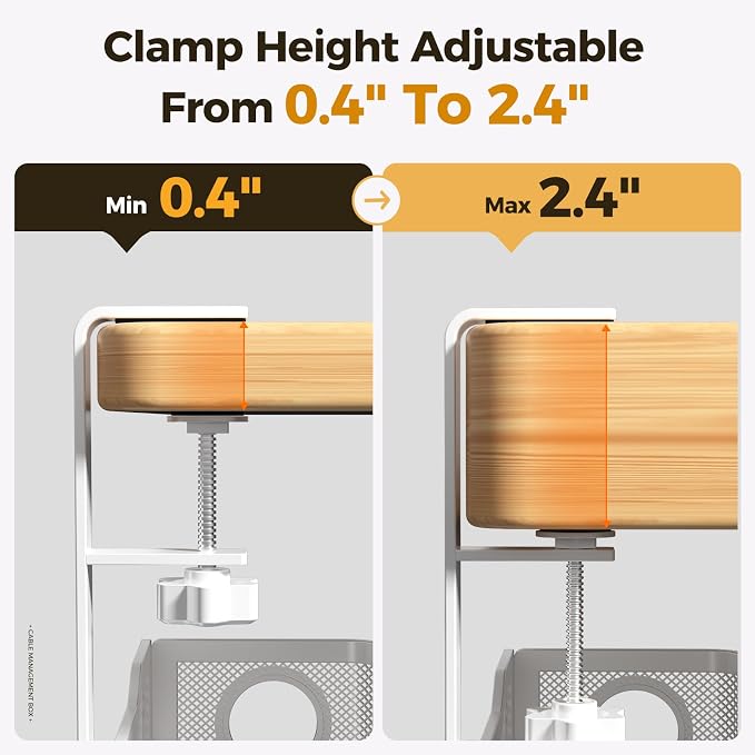Under Desk Cable Management Tray White, Cinati Wire Organizers No Drill, Cable Tray with Clamp for Wire Management, Cord Organization Box for Office, Home - No Damage to Desk