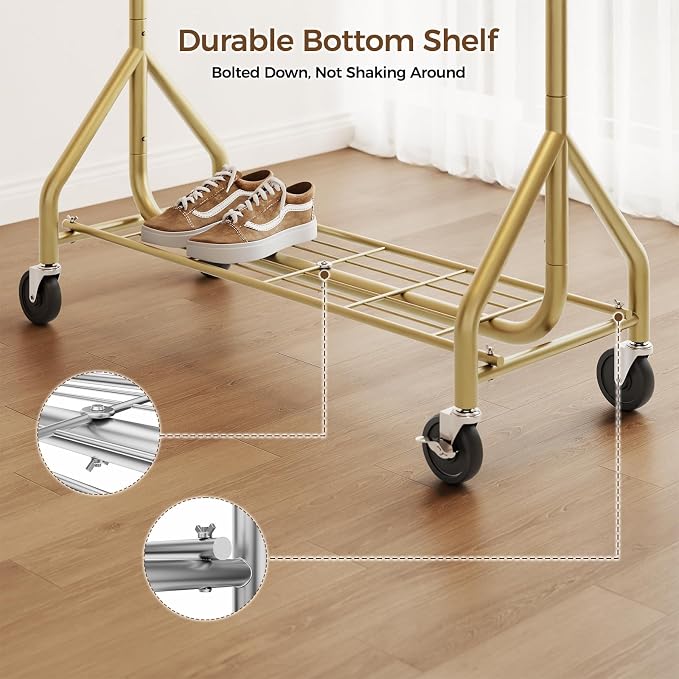 HYSEYY Heavy Duty Clothes Rack, Double Rod Clothing Rack for Hanging Clothes, Rolling Garment Rack, Adjustable Freestanding Wardrobe Closet Coat Rack for Bedroom Laundry Living Room, Gold