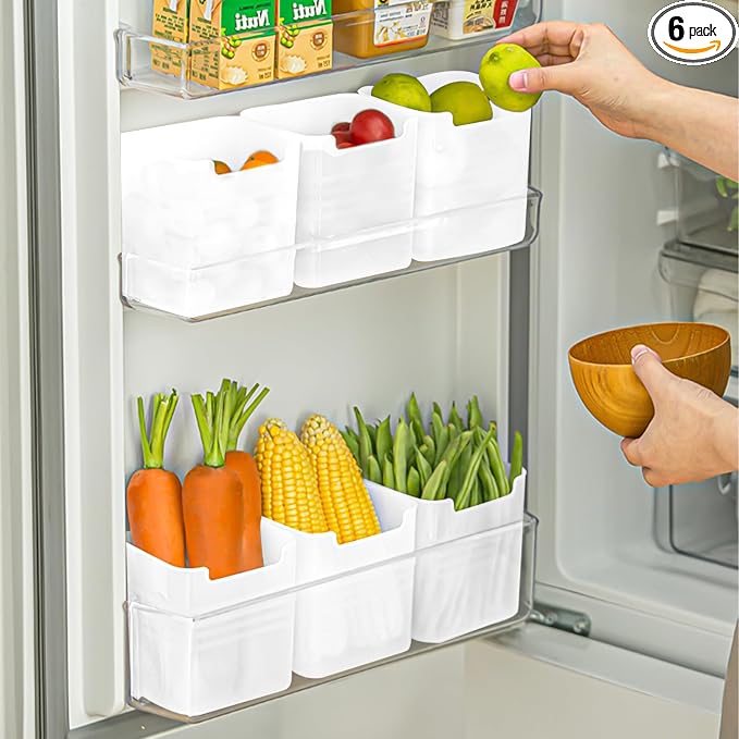 6 Pack Refrigerator Organizer Box, Plastic Refrigerator Side Door Storage Containers, Space-Saving Organizer Bins for Refrige, Refrige Drawers for Fruit and Vegetable (White,S×6)