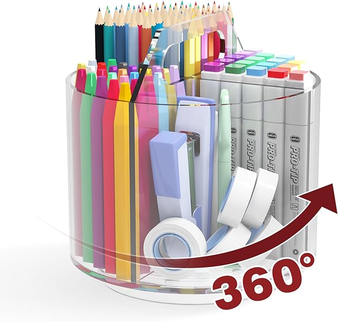 Pencil Holder for Kids, 360 Rotating Pen Holder for Desk Organizer and Storage, 4 Compartments Art Supply Marker Organizer, Acrylic Kids Desk Organizer for School Lazy Susan Organizer
