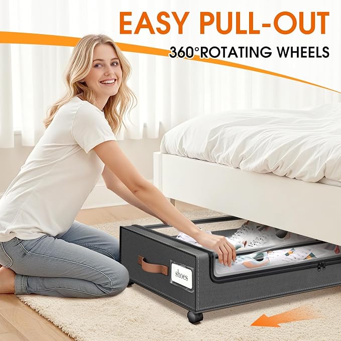 SpaceHacks Under Bed Storage with Wheels 2Pack Storage Containers with Clear Window&Label Under Bed Drawers Rolling Under Bed Storage for Clothes,Shoes, Blankets (30.71 x 16.93 x 6.69 in, Dark Grey)