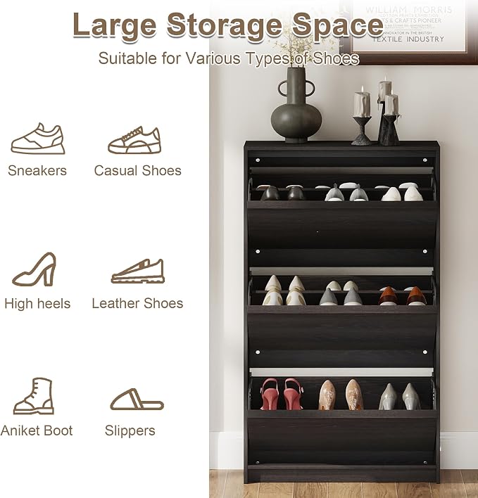 Shoe Cabinet with 3 Flip Drawers, 23.62" W Narrow Shoe Storage Cabinet for Entryway, Slim Shoe Organizer with Adjustable Shelves, Freestanding Shoe Rack for Hallway, Living Room, Black