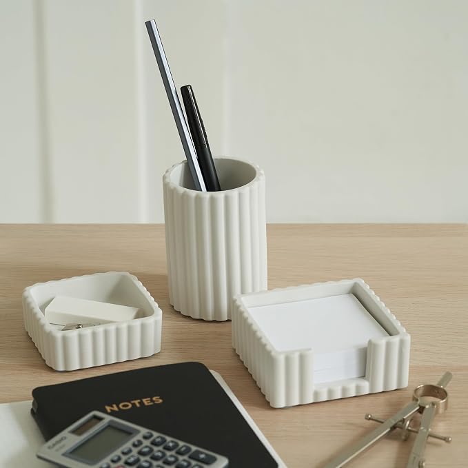 Aesthetic Desk Organizer Set of 3 For Your Office - Sturdy Concrete Desktop Accessories For Women Enhance Any Office Decor - Set incl. Pen Holder, Paperclip Storage & Sticky Note Holder for Teacher