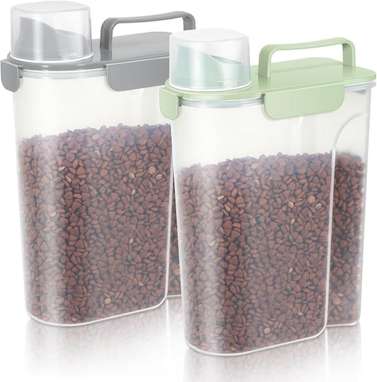 LEAWALK Cat Dog Food Storage Container Upgraded Large Nozzle, BPA-Free 5Lbs/6Qt/5L Plastic Pet Food Storage Container With 4 Sealed Clasps and Handle, Easy to Clean and Carry-2 Pack Gray+Green