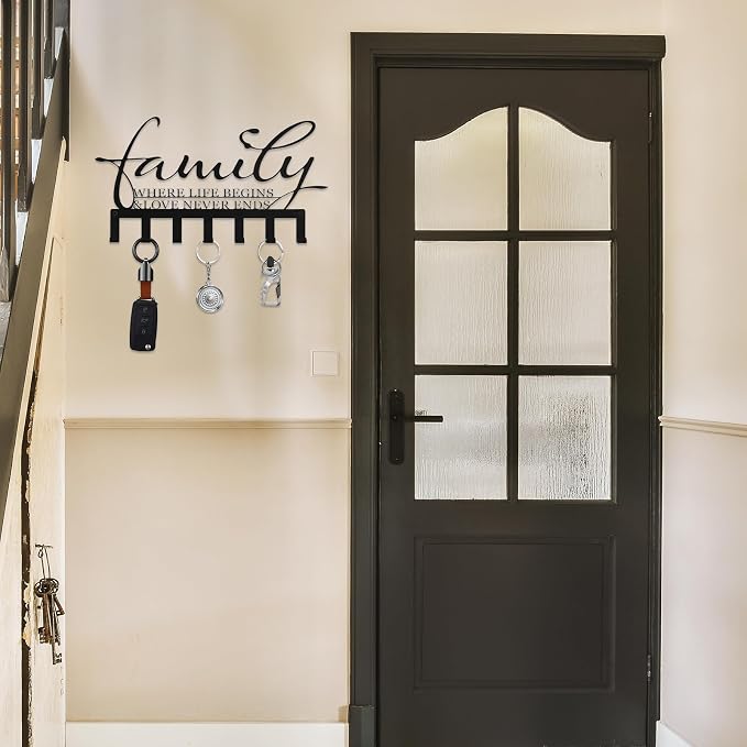 Hicarer Family Key Holder Metal Hooks Decorative Hanger Black Rack Wall Mount Organizer with Screws and Anchors for Keys Hat Kitchen Entryway Front Door Home Decor