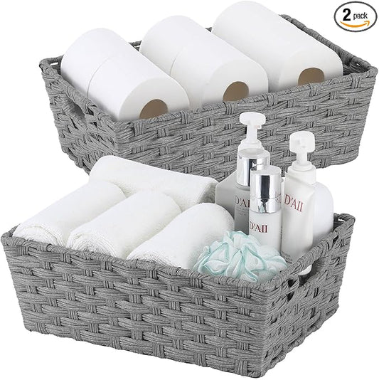 Onlytak Large Wicker Storage Basket, Metal Frame, Set of 2, Washable Waterproof, 15" x 10.3" x 5.2", Grey Color, Woven Basket for Pantry, Toilet, Bathroom, Bedroom, Patio