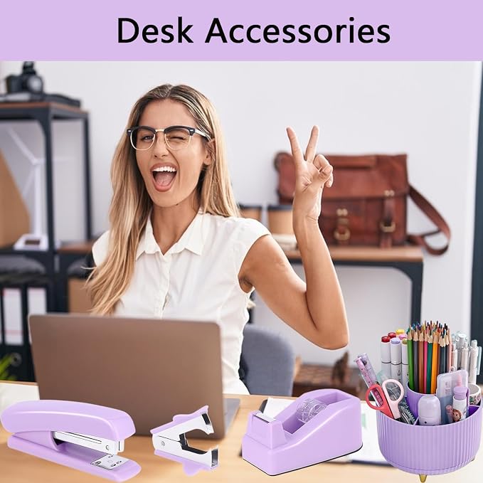 Office Supplies,Purple Desk Accessories,Desk Organizer,Stapler,Tape Dispenser,Folding Phone Stand,Scissors,Notebook,Staple Remover,Staples,Clear Tape,Sticky Notes,Clips,Cool Pen,Bookmark,Ect.22pcs