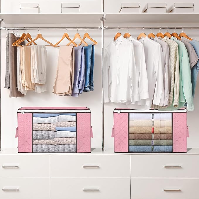 90L Large Storage Bags, 6 Pack Clothes Storage Bins Closet Organizers | Foldable Storage Containers, with Reinforced Handle, for Clothing, Blanket, Comforters, Bed Sheets, Pillows and Toys,Pink