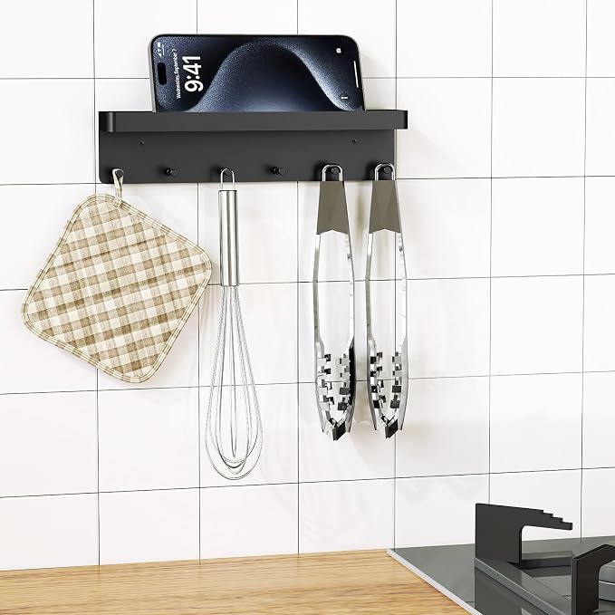 MKO Key Holder Wall Mount, Key Holder Wall Mount Adhesive with Mail Organizer Tray with 6 Key Hooks for Wall, Black | Metal Material, Key Rack with Shelf, Mail Organizer Tray for Entryway, Hallway, Living Room