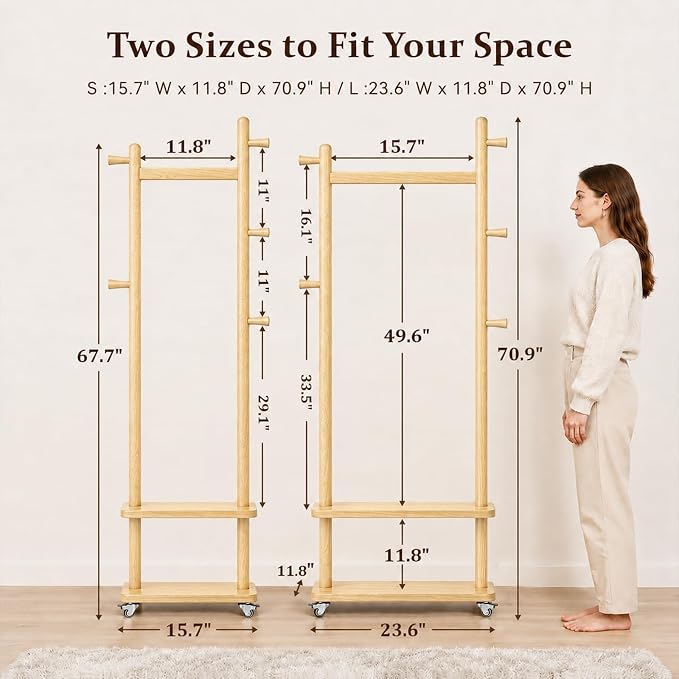 Taitiy Solid Wood Coat Rack Small Freestanding with Wheels 2 Shelves | Small spaces, solid rubberwood construction, 2 shelves and 5 hooks, ideal for bedrooms, entryways, apartments and homes