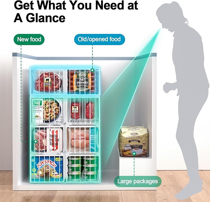 MSERCUOR Freezer Organizer Bins, 4 Pack Stackable Deep Chest Freezer Organizer Bins, Foldable Baskets with Handles, White Storage Container Baskets for 5/ 7 Cu.FT Sort Frezen Meats