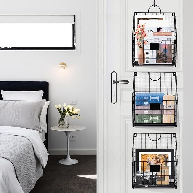 DILIBRA 4 Packs Hanging Wall File Organizer, Foldable Magazine File Holder | Wall Magazine Holder with Handle and Tag Slot, Metal Wall Mounted Mail Organizer Rack Folder Holder for Document Office Door