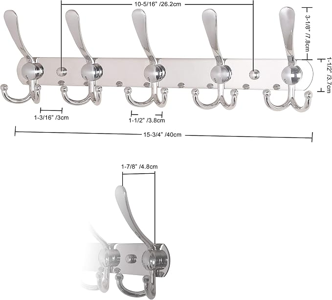 Dseap Wall Mounted Coat Rack - 5 Tri Hooks, Heavy Duty, Stainless Steel, Metal Coat Hook Rail for Coat Hat Towel Purse Robes Mudroom Bathroom Entryway (Chromed, 2 Packs)