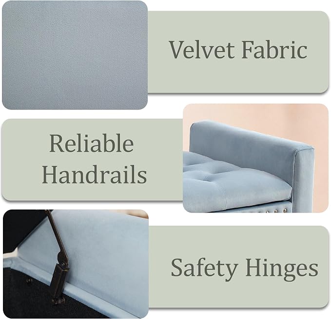 47in Velvet Storage Ottoman Bench with Arms, Upholstered Storage Bench with Wooden Legs, Storage Bench for Bedroom, Living Room, Entryway, Blue Grey