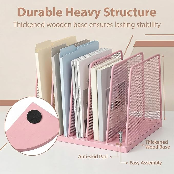 5-Section Vertical File Organizer for Desk, Sturdy Wood Base & Metal Mesh Desktop File Holder, Upright Paper Folder Sorter for Office Supplies（Pink）