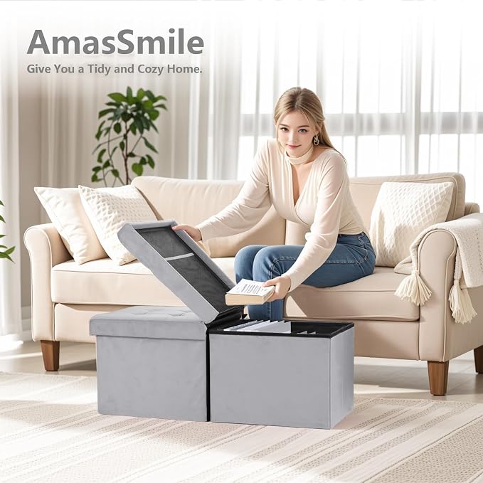 AmasSmile Footrest Ottoman Storage Bench, 34" Velvet Folding Stool, Grey | Large Ottoman with Storage, Thicker Foam Padded Seat, Livingroom, Dorm, Bedroom, Entryway, Easy to install, 34 x 13 x 13in