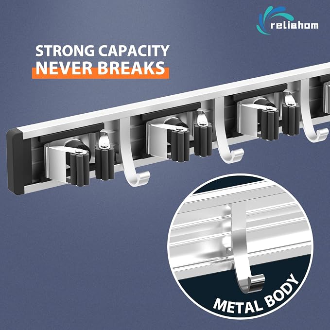 reliahom Broom Holder Wall Mount Mop Hanger Tools organizer 5Racks 4Hooks | Adjustable Mop Broom Wall Hanging Heavy duty Tools Storage Rack Space-saving for Garage,Kitchen,Laundry Room,Garden, Black
